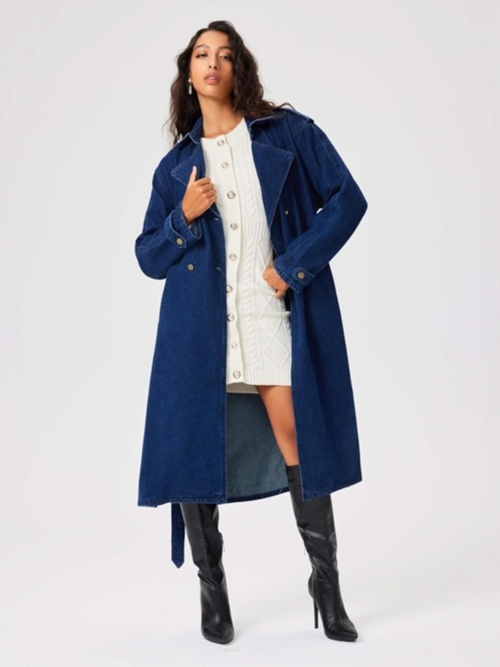 NWT Cider Classic Dark Blue Denim Trench Coat with Belt